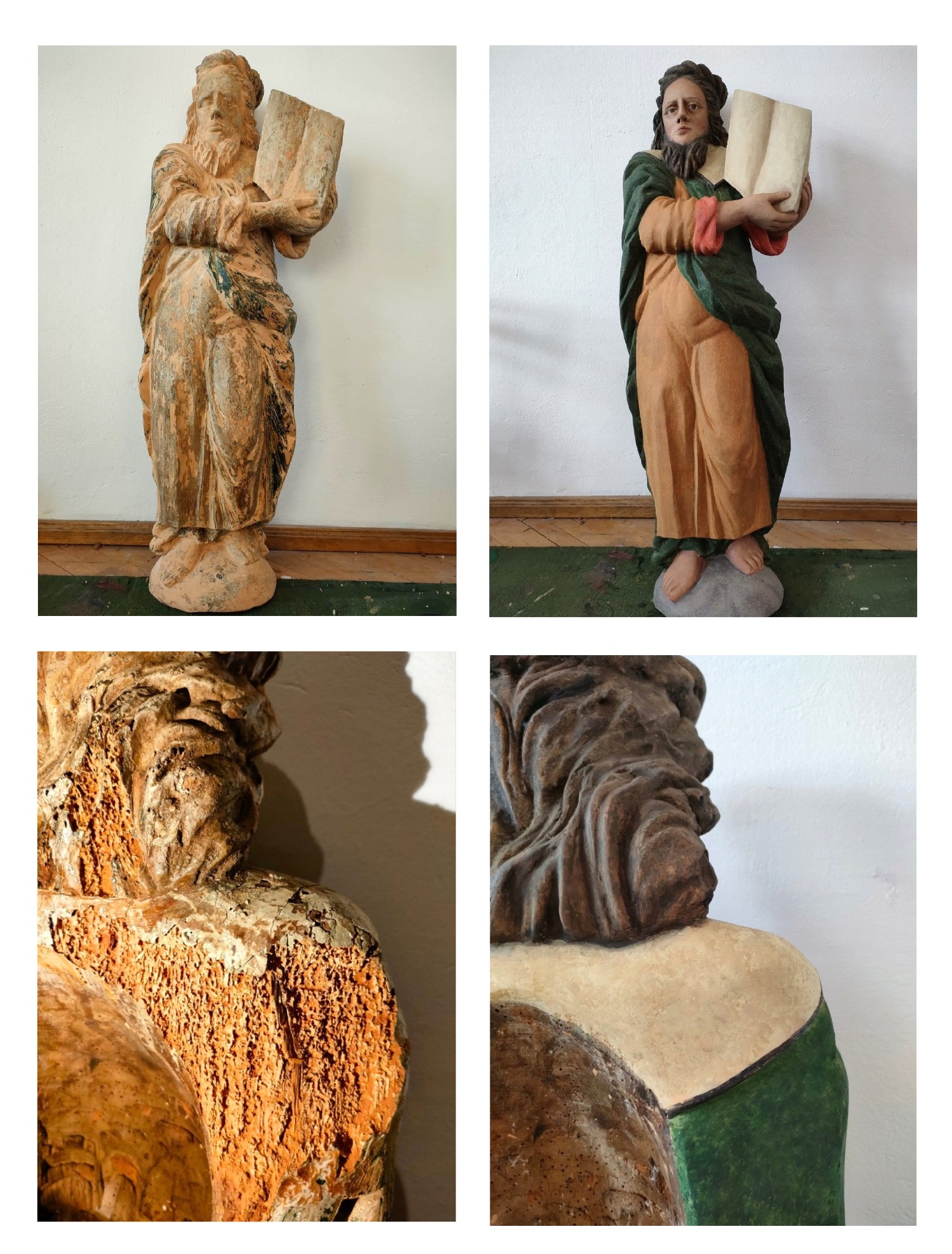 Porównanie drewnianej rzeźby figuralnej przed i po konserwacji: po lewej zniszczona, z ubytkami i przebarwieniami, po prawej odnowiona, z uzupełnionymi brakami i nową polichromią.