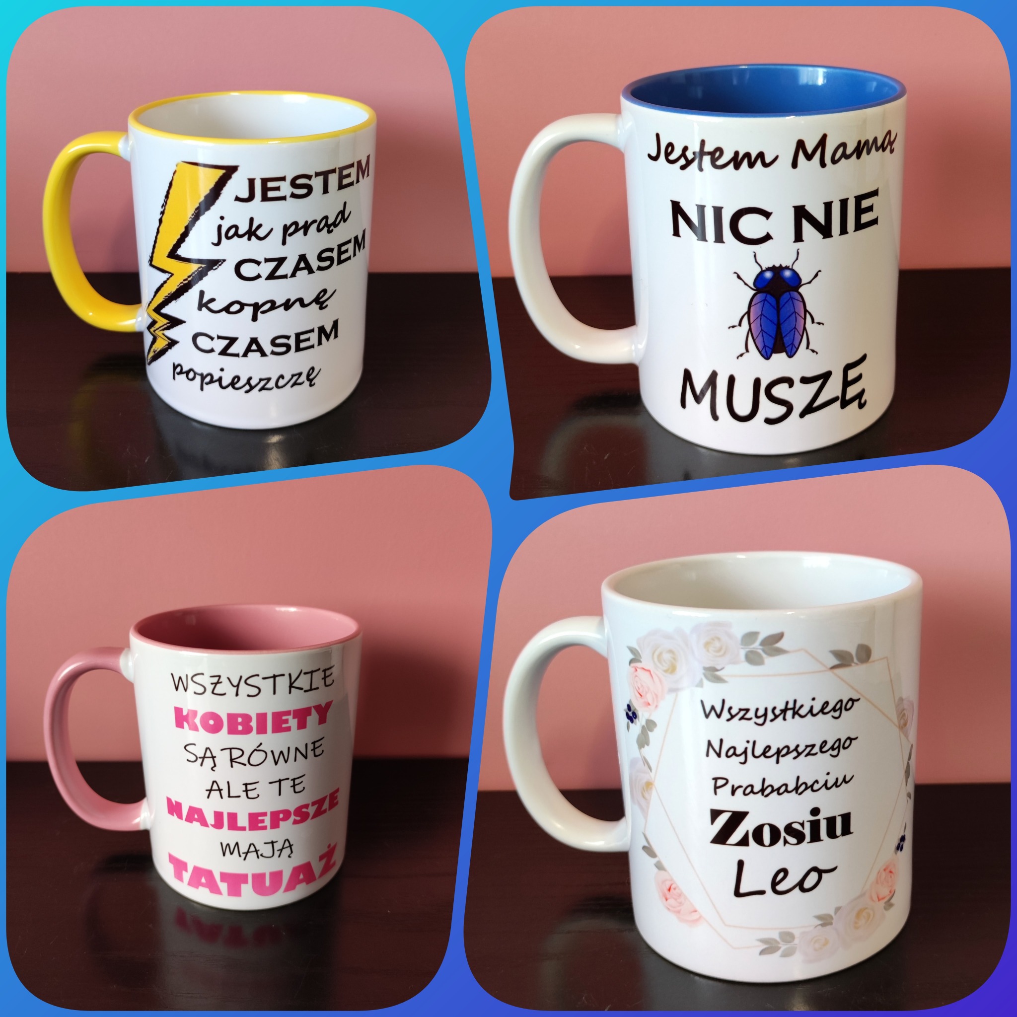 Kompozycja czterech kubków z różnymi nadrukami: kubek z żółtym uchem i napisem 'Jestem jak prąd, czasem kopnę, czasem popieszczę', kubek z napisem 'Jestem Mama, Nic Nie Muszę' i rysunkiem...
