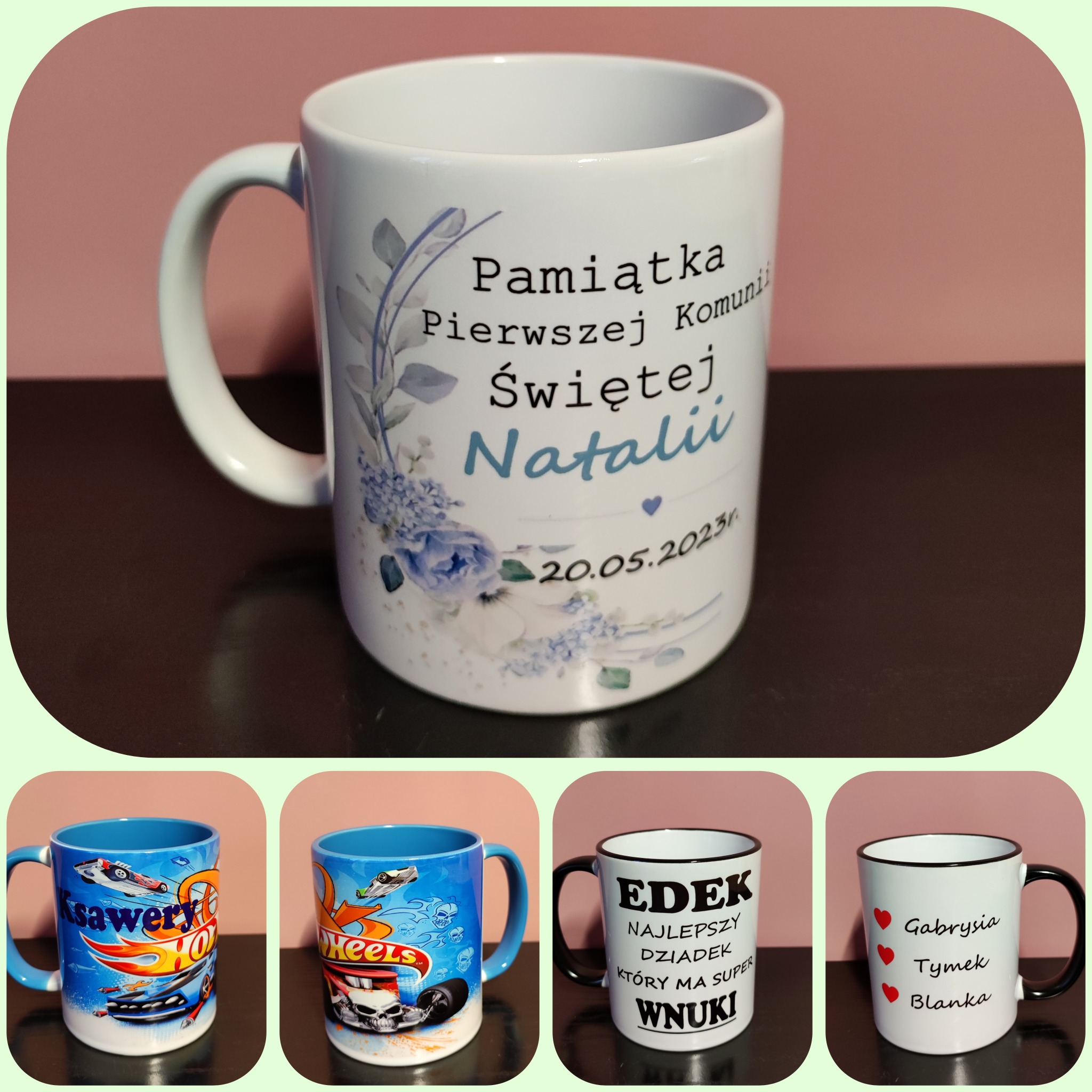 Kompozycja czterech kubków z różnymi nadrukami: pamiątka Pierwszej Komunii Świętej Natalii z datą, motyw Hot Wheels z imieniem Ksawery, dedykacja dla dziadka Edka od wnuków, oraz imiona Gabrysia...