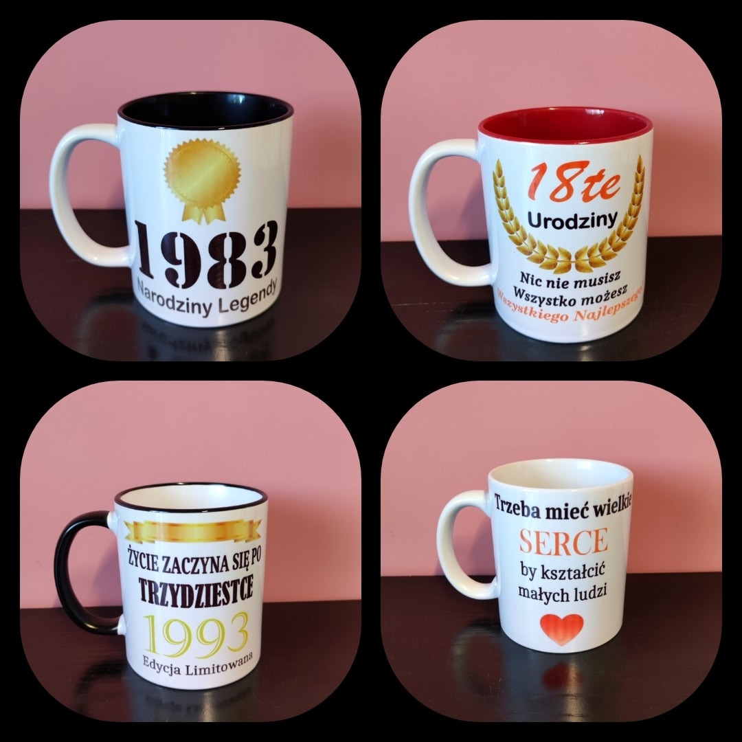 Kolekcja czterech białych kubków z różnymi nadrukami okolicznościowymi: '1983 Narodziny Legendy', '18te Urodziny', 'Życie zaczyna się po trzydziestce 1993 Edycja Limitowana', 'Trzeba mieć wielkie...