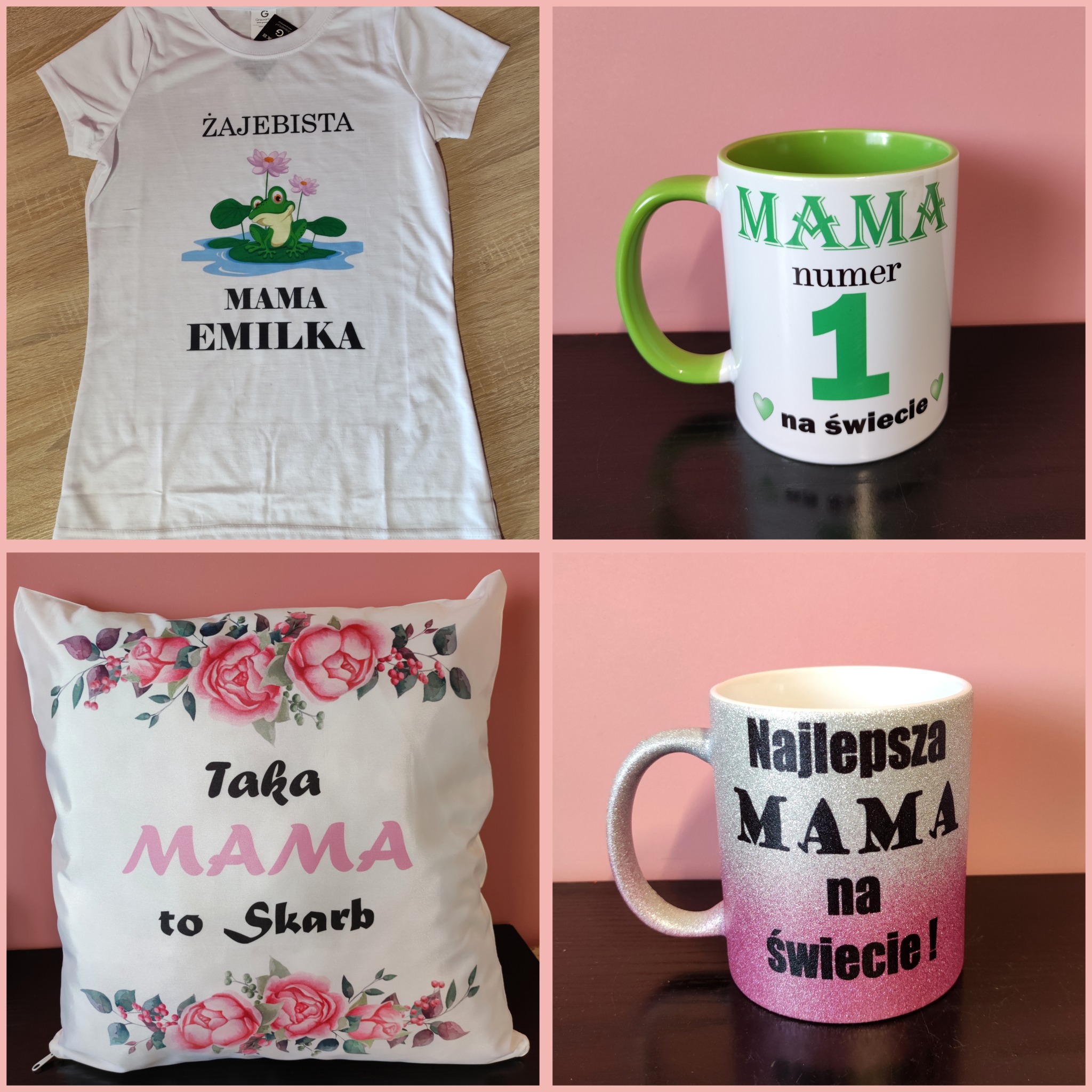 Kolaż prezentujący koszulkę z nadrukiem żaby i napisem 'ŻAJEBISTA MAMA EMILKA', kubek z napisem 'MAMA numer 1 na świecie', poduszkę z kwiatowym wzorem i napisem 'Taka MAMA to Skarb' oraz brokatowy...