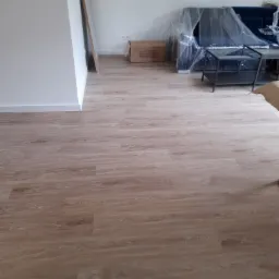 Jasne panele podłogowe w nowym mieszkaniu, meble zabezpieczone folią, kartonowe pudło i białe ściany.