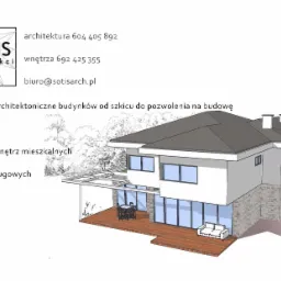 Wizualizacja 3D dwukondygnacyjnego domu z tarasem, prezentująca projekt architektoniczny, z widocznym logo firmy SOTIS architekci i danymi kontaktowymi.