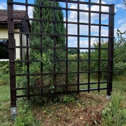 Usługi ogrodowe Zielony Majster Paweł Romaniszyn - Ciemna, drewniana pergola ogrodowa w kratkę, z widocznym montażem do podłoża, na tle zieleni i błękitnego nieba z chmurami.