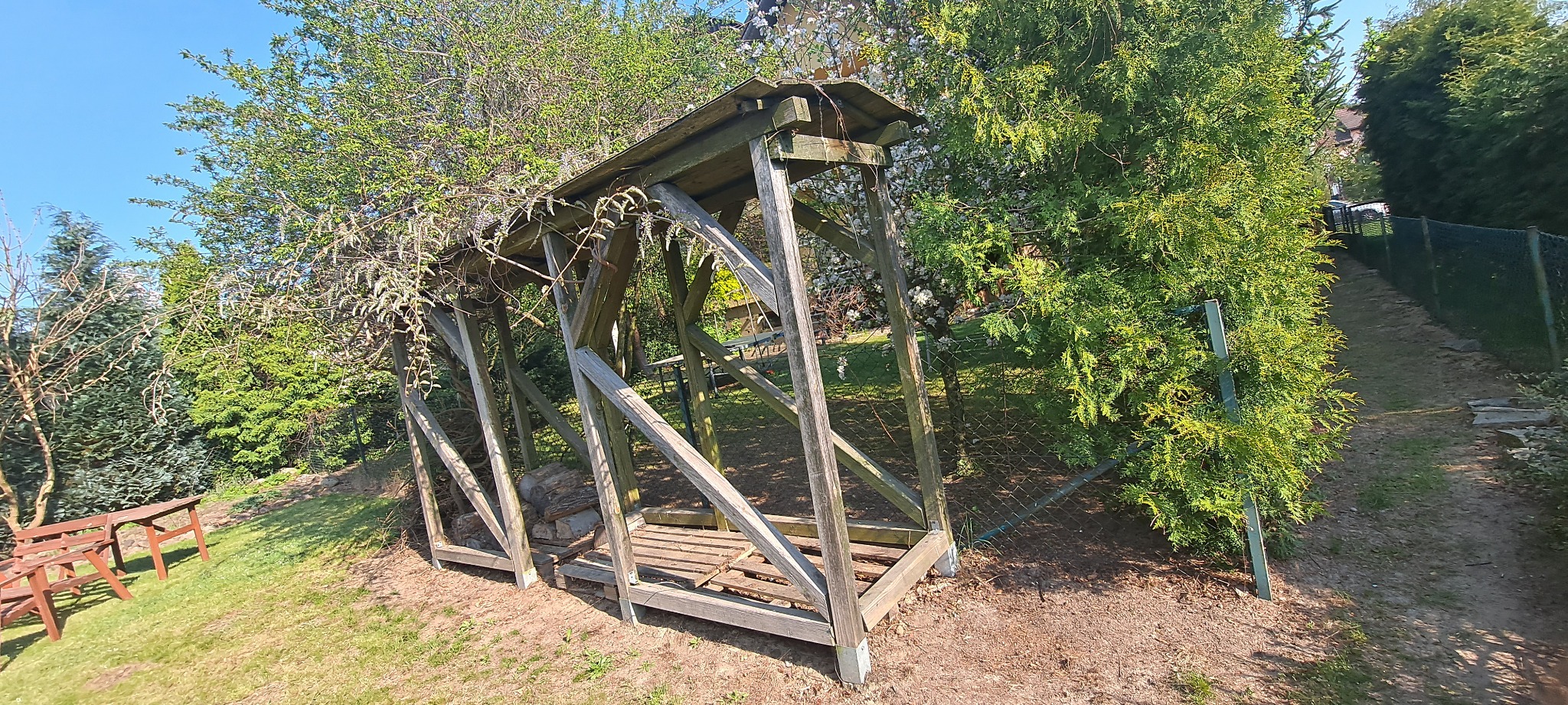 Drewniana konstrukcja zadaszenia na drewno oparta o drzewa w ogrodzie, widoczne pocięte pnie wewnątrz.