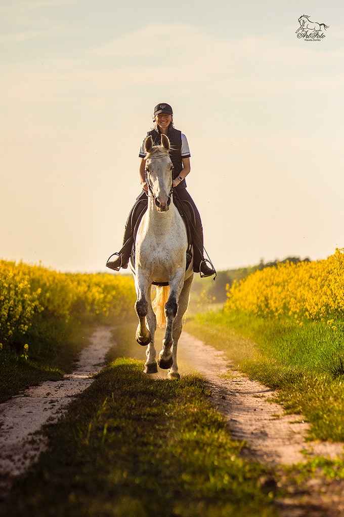 Uśmiechnięta kobieta w czapce i kamizelce jeździeckiej na białym koniu galopuje polną drogą, otoczoną kwitnącym rzepakiem w ciepłym, popołudniowym świetle.