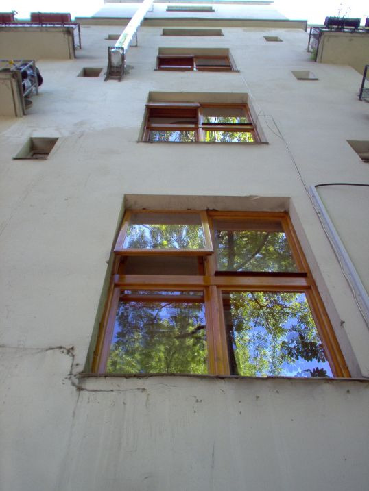 Widok z dołu na elewację budynku z drewnianymi oknami, z których jedno jest uchylone, a w szybach odbija się zieleń drzew.