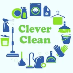 Ilustracja wektorowa z logo firmy sprzątającej Clever Clean, otoczonym przez ikony związane z czyszczeniem, takie jak mop, odkurzacz, pralka, płyny do czyszczenia, wiadro i rękawice, utrzymane...