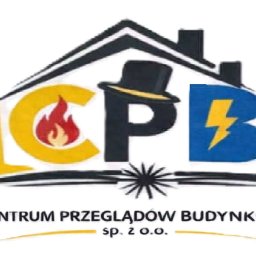 Logo firmy Centrum Przeglądów Budynków sp. z o.o. z ikonami ognia, cylindra i błyskawicy, symbolizujące usługi kominiarskie, gazowe i elektryczne.