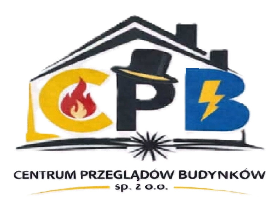Logo firmy Centrum Przeglądów Budynków sp. z o.o. z ikonami ognia, cylindra i błyskawicy, symbolizujące usługi kominiarskie, gazowe i elektryczne.