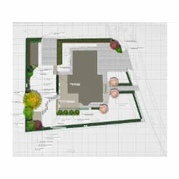 Projekt koncepcyjny ogrodu z widokiem z góry, z zaznaczonymi różnymi gatunkami roślin, ścieżkami, trawnikiem i budynkiem mieszkalnym, z użyciem siatki kartograficznej jako tła.