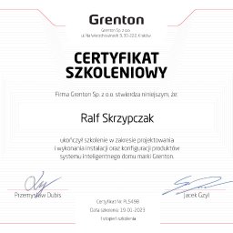 Certyfikat ukończenia szkolenia w zakresie projektowania i wykonania instalacji oraz konfiguracji produktów systemu inteligentnego domu marki Grenton.