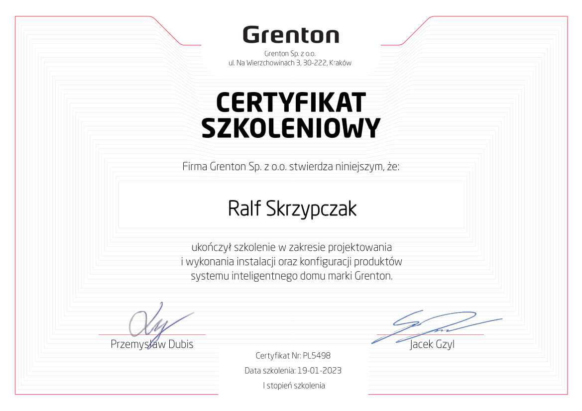 Certyfikat szkoleniowy firmy Grenton Sp. z o.o. potwierdzający ukończenie szkolenia w zakresie projektowania i wykonania instalacji oraz konfiguracji produktów systemu inteligentnego domu marki...