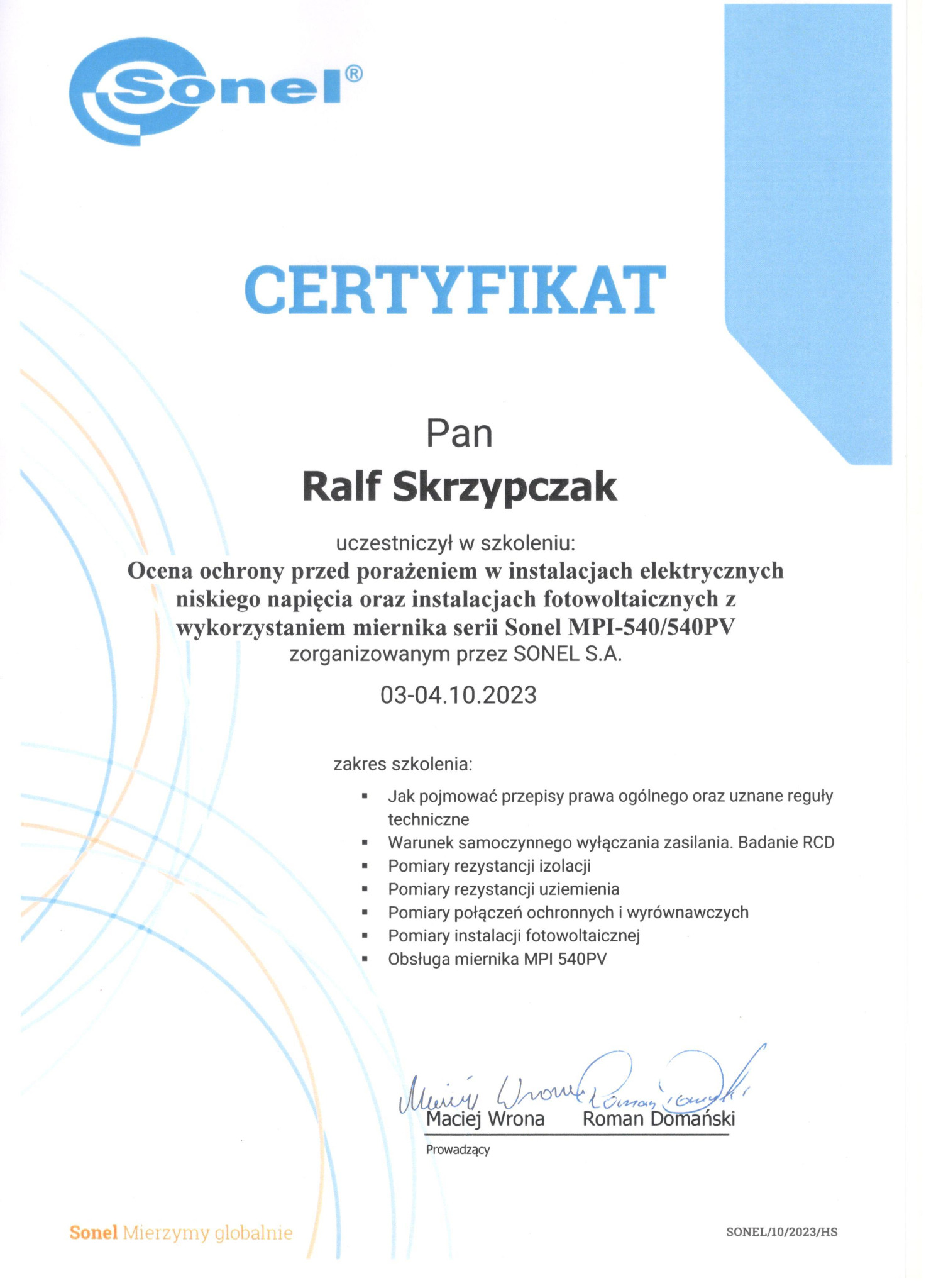 Certyfikat Sonel