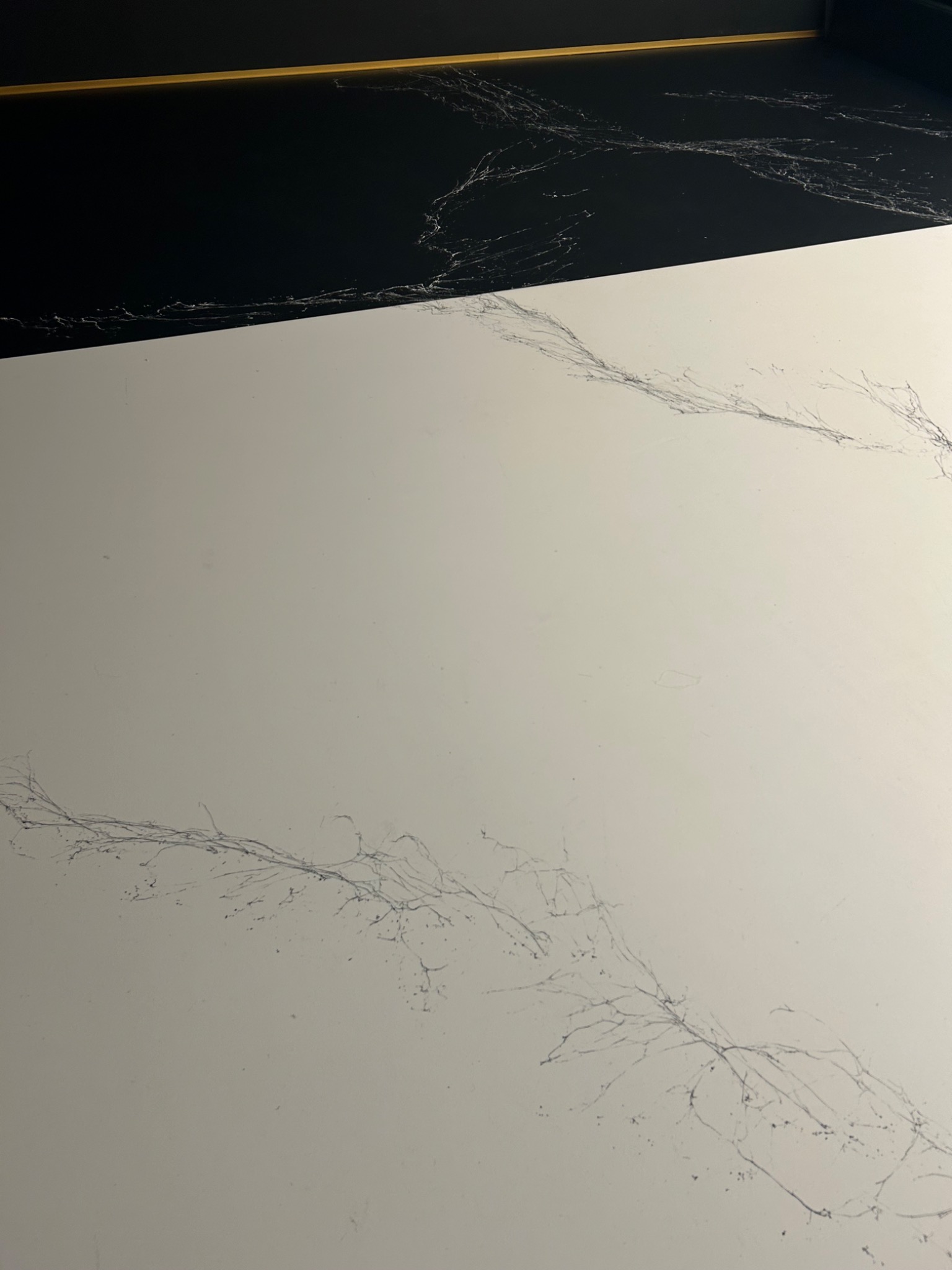 Biała powierzchnia z szarymi żyłkami, imitująca marmur, z czarnym fragmentem u góry i cienką złotą linią. Układ ukośny, zbliżenie.