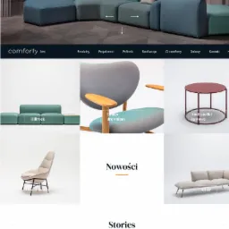 Strona internetowa producenta mebli z prezentacją modułowej sofy w kolorze morskim, wiszących lamp i menu nawigacyjnego. Na stronie znajdują się również zdjęcia innych mebli, takich jak krzesła...
