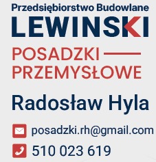 Grafika reklamowa: Przedsiębiorstwo Budowlane Lewiński, specjalizacja posadzki przemysłowe. Kontakt: posadzki.rh@gmail.com, 510 023 619. Ciemne napisy na jasnym tle.