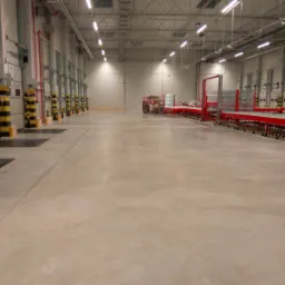 Wnętrze hali magazynowej z betonową posadzką, widoczne rampy załadunkowe z odbojnikami i system transportu wewnętrznego.