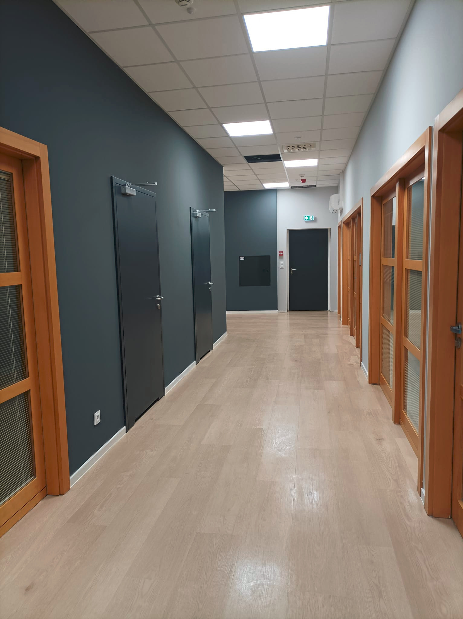 Wnętrze wyczyszczonego korytarza biurowego z drewnopodobną podłogą, szarymi ścianami i drewnianymi drzwiami z przeszkleniami, widok na wprost.