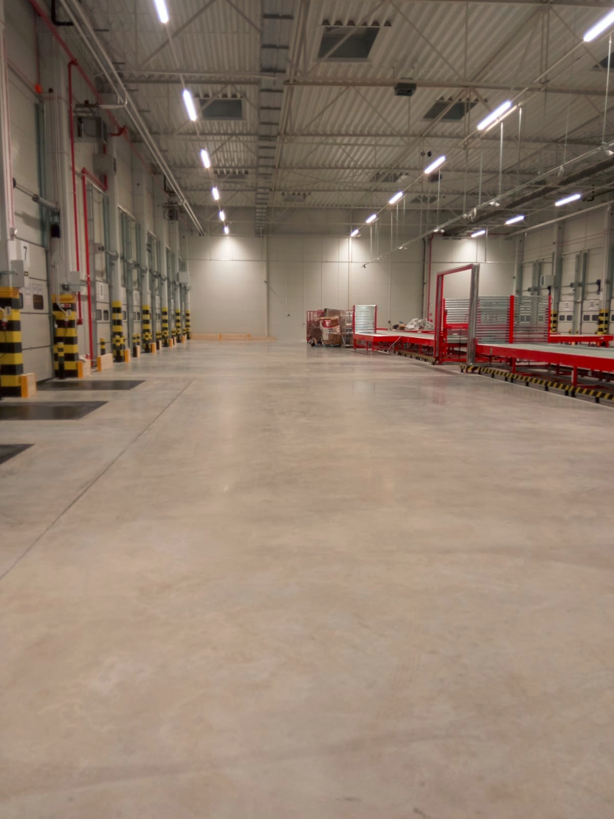 Wnętrze hali magazynowej z betonową posadzką, widoczne rampy załadunkowe z odbojnikami i system transportu wewnętrznego.