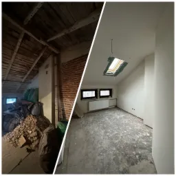 Zdjęcie przedstawia porównanie stanu poddasza przed i po remoncie: po lewej stronie widoczne stare drewniane belki, odsłonięta cegła i gruz w workach, po prawej otynkowane ściany, okno dachowe...