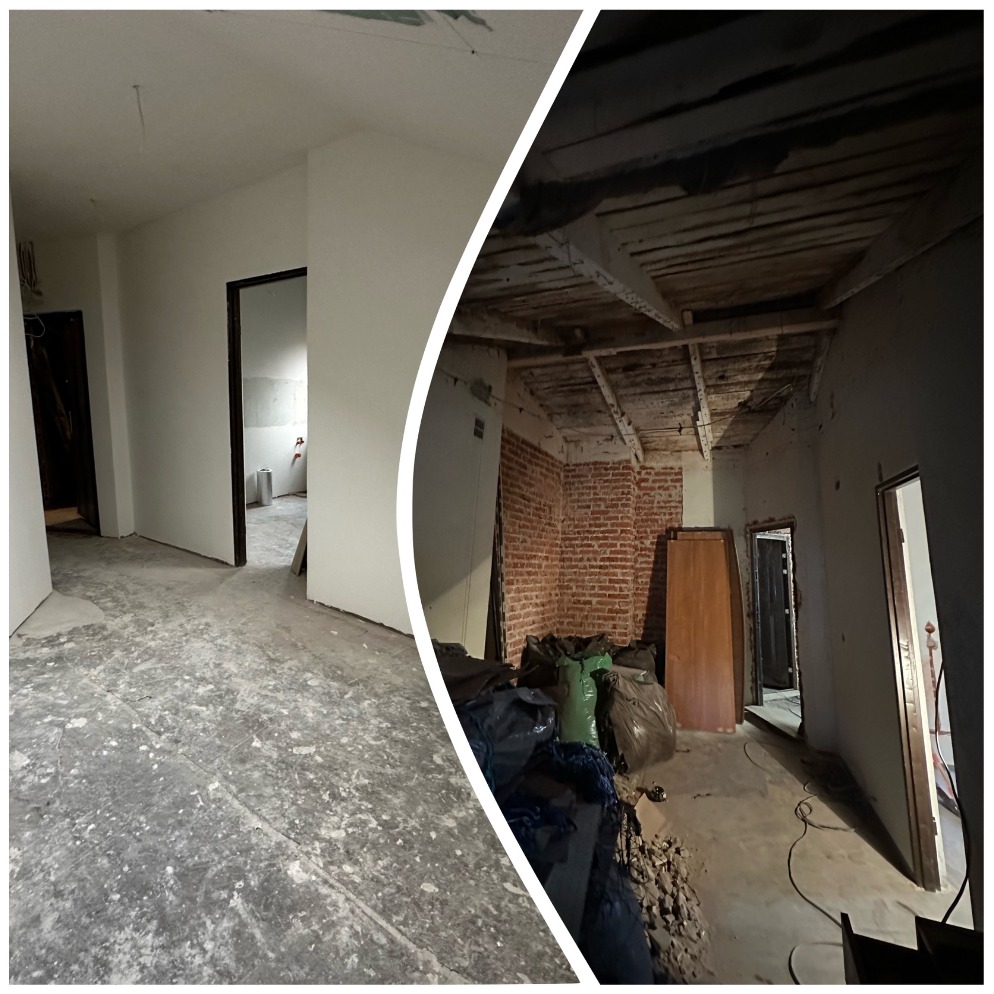 Zdjęcie przedstawia zestawienie dwóch pomieszczeń w trakcie prac. Po lewej stronie pokój z wyszpachlowanymi ścianami i przygotowanym podłożem. Po prawej stronie pomieszczenie w stanie surowym...