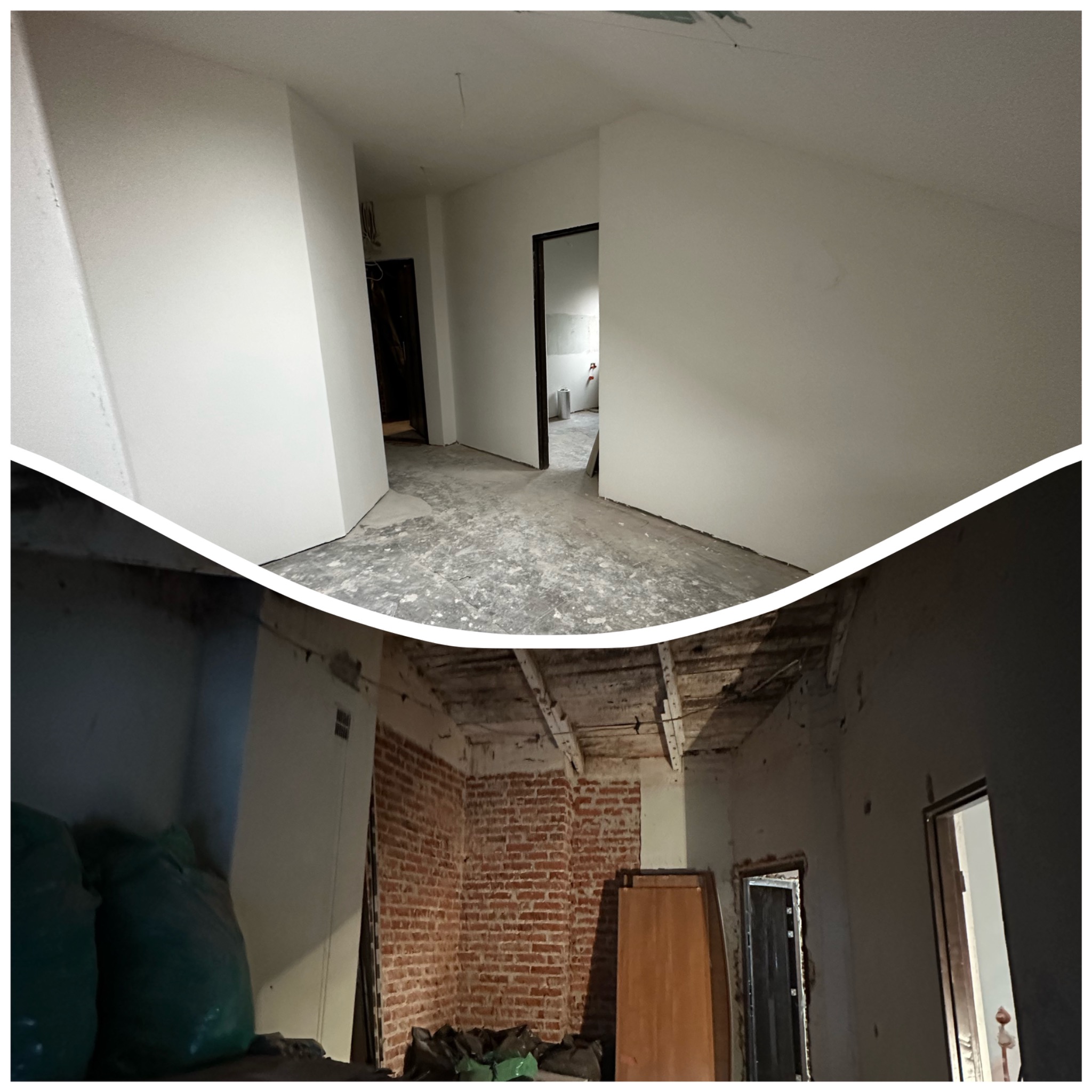 Zdjęcie przedstawia zestawienie dwóch ujęć tego samego pomieszczenia: górne ukazuje stan po malowaniu na biało, z widocznymi śladami farby na podłodze, a dolne prezentuje stan przed pracami,...