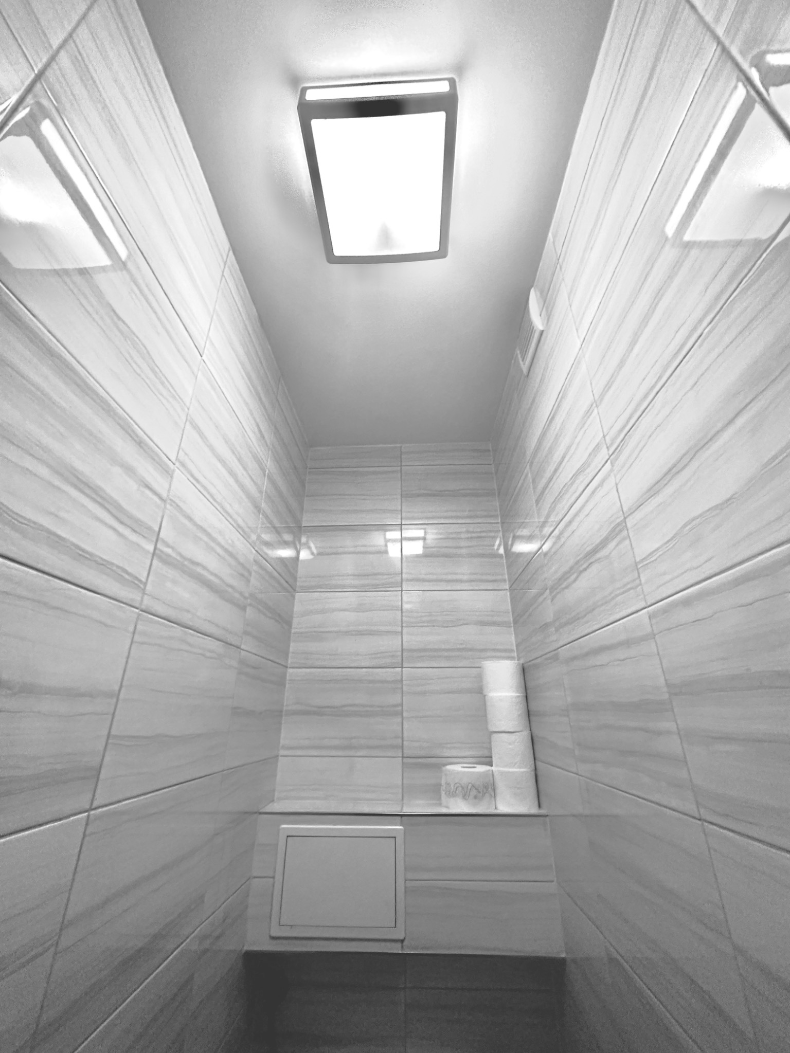 Wąska toaleta w odcieniach szarości z płytkami imitującymi marmur, oświetleniem sufitowym i rolkami papieru toaletowego na półce.