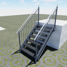 LAKRYS Krystian Lalak - Metalowe schody zewnętrzne z szarymi poręczami i czarnymi stopniami, umieszczone na tle kostki brukowej z wzorem okręgów wypełnionych trawą, przylegające do białego betonowego bloku.