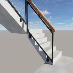 LAKRYS Krystian Lalak - Wizualizacja schodów betonowych z drewnianą poręczą i metalową siatką zabezpieczającą, na tle błękitnego nieba z chmurami.