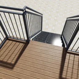 Schody z drewnopodobnych desek z czarnymi, metalowymi barierkami w Dębnie, prowadzące na wyższy poziom wyłożony marmurem.