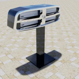 Wizualizacja 3D serwerowni z czterema serwerami, umieszczonej na czarnym, błyszczącym postumencie na tle wzorzystej podłogi.