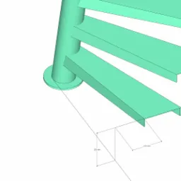 Wizualizacja 3D schodów spiralnych z centralnym słupem nośnym, przedstawiająca wymiary stopni w milimetrach.