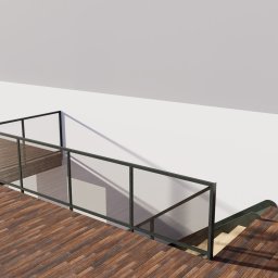 LAKRYS Krystian Lalak - Wizualizacja schodów z drewnianymi stopniami i szklaną balustradą z czarnymi ramami w nowoczesnym wnętrzu z białymi ścianami i drewnianą podłogą.