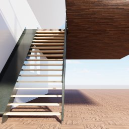 LAKRYS Krystian Lalak - Wizualizacja schodów z drewnianymi stopniami i metalową konstrukcją, prowadzących do drewnianego sufitu w minimalistycznym wnętrzu z widokiem na błękitne niebo przez okno.