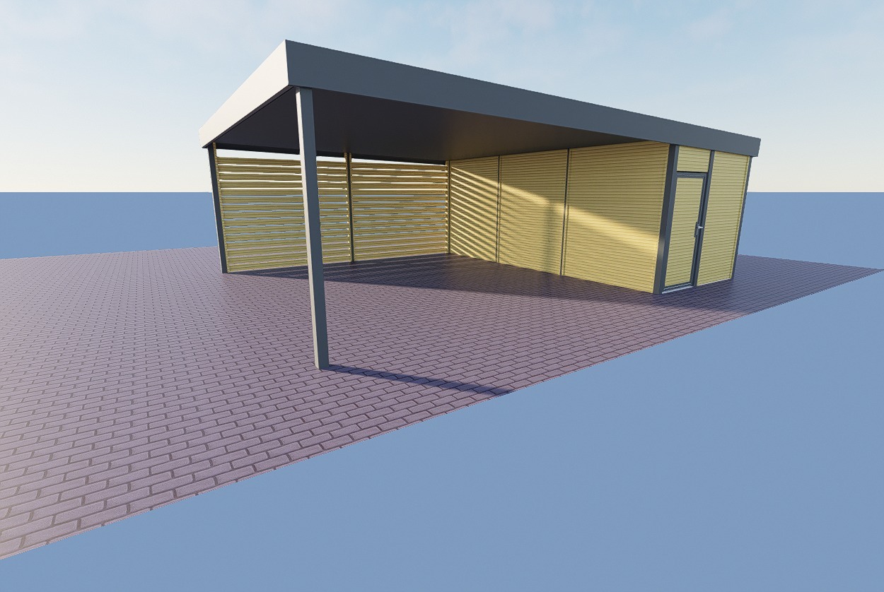 Wizualizacja 3D w Dębnie przedstawiająca projekt zadaszenia tarasu z drewnianą zabudową i szarą konstrukcją nośną na tle błękitnego nieba.