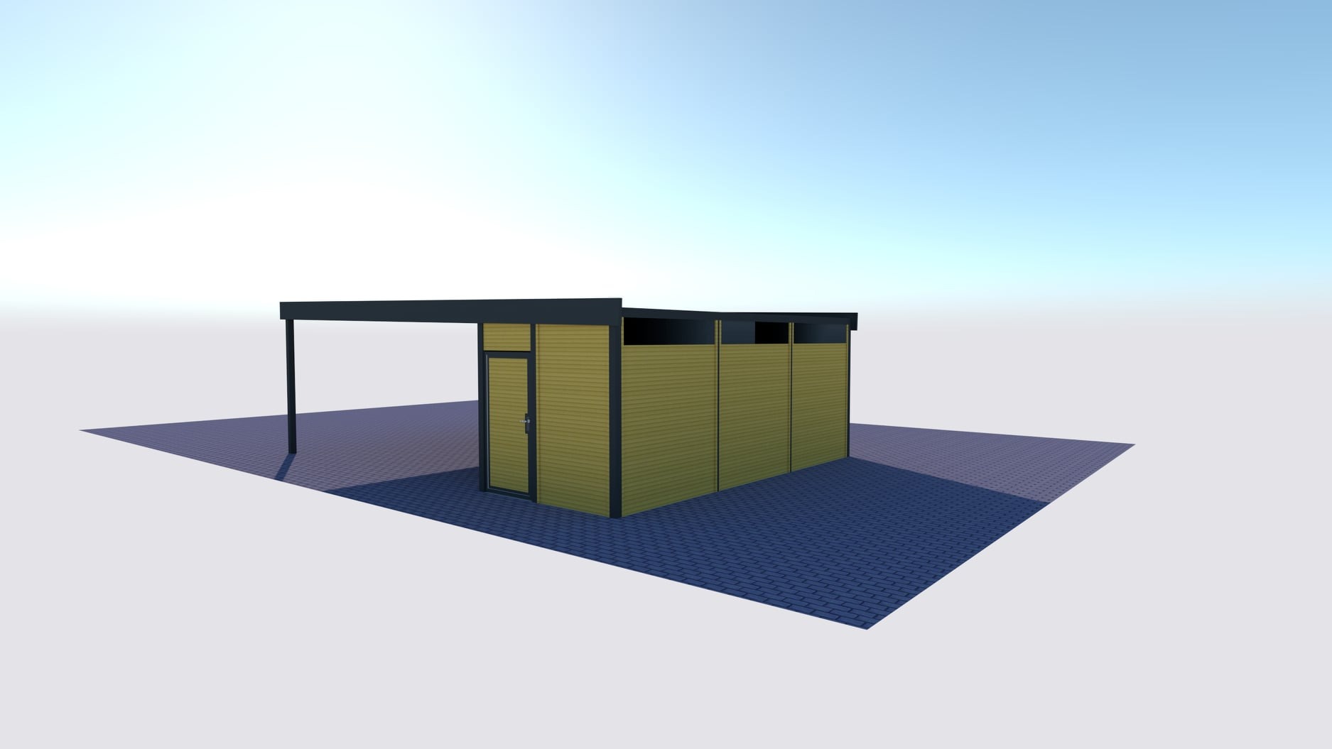 Wizualizacja 3D nowoczesnej, modułowej konstrukcji z drewna z zadaszeniem, na niebieskim brukowanym podłożu i błękitnym tle nieba.