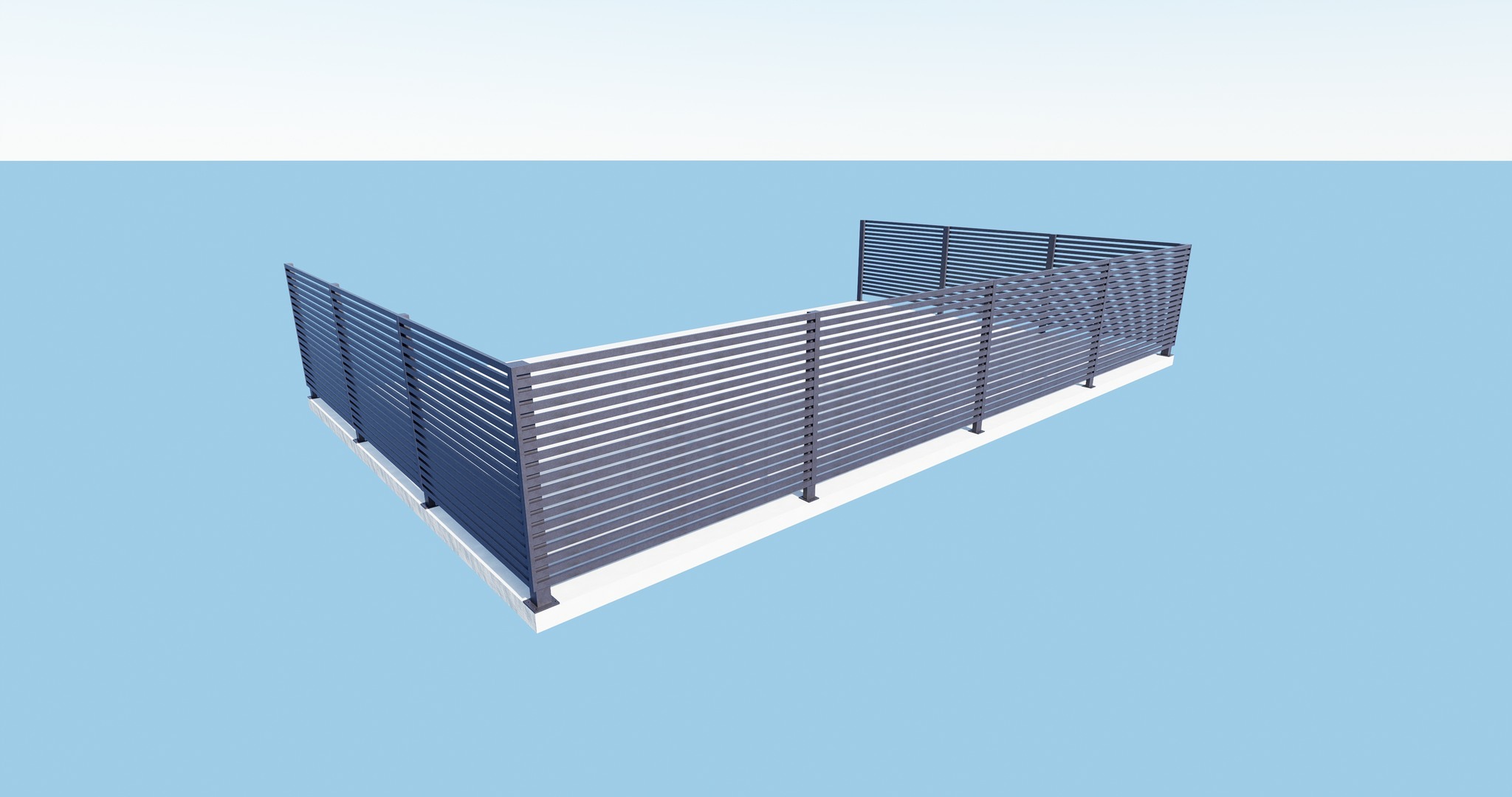 Wizualizacja 3D nowoczesnego ogrodzenia panelowego z poziomych listew w kolorze szarym, na białej podstawie, na jasnoniebieskim tle.