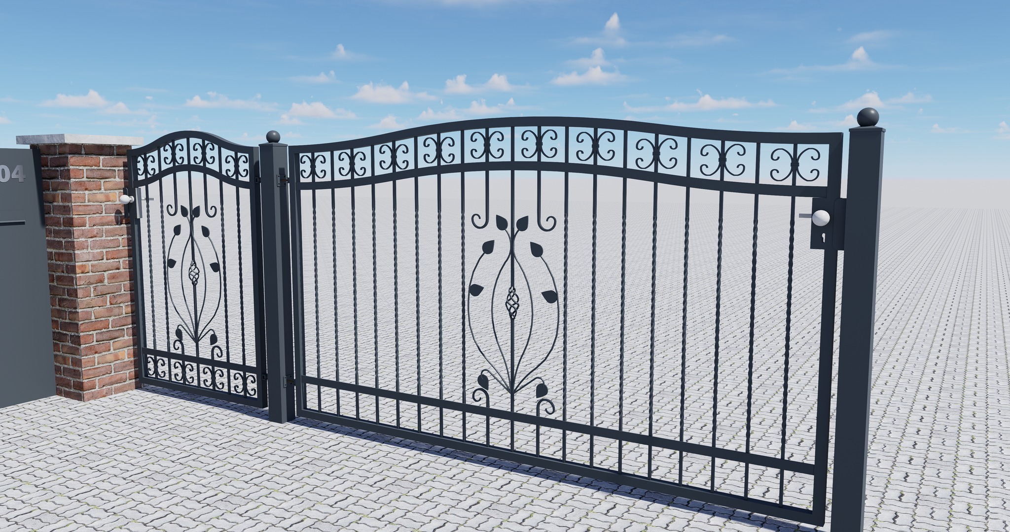 Wizualizacja dwuskrzydłowej, czarnej, metalowej bramy z dekoracyjnymi elementami, umieszczonej na tle błękitnego nieba i kostki brukowej.