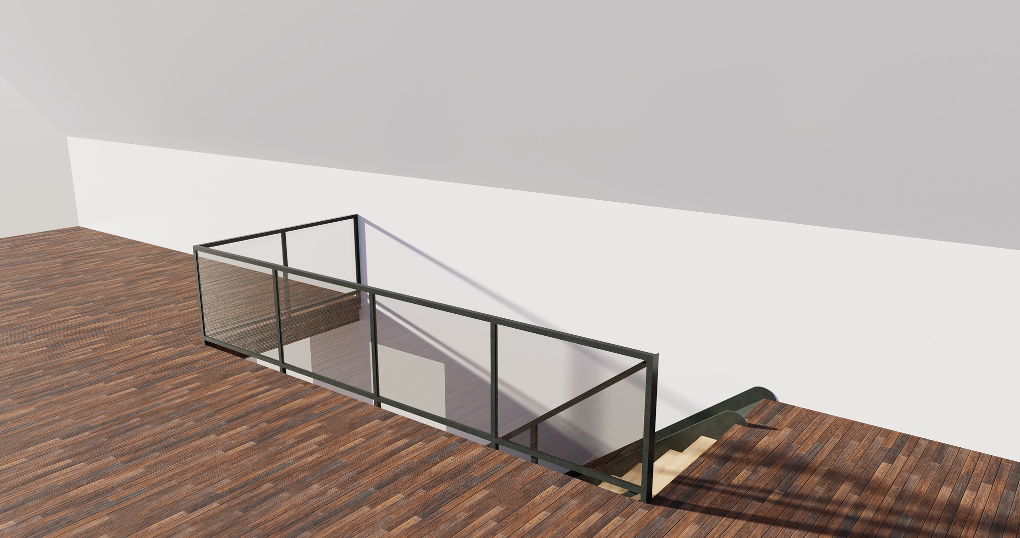 Wizualizacja schodów z drewnianymi stopniami i szklaną balustradą z czarnymi ramami w nowoczesnym wnętrzu z białymi ścianami i drewnianą podłogą.