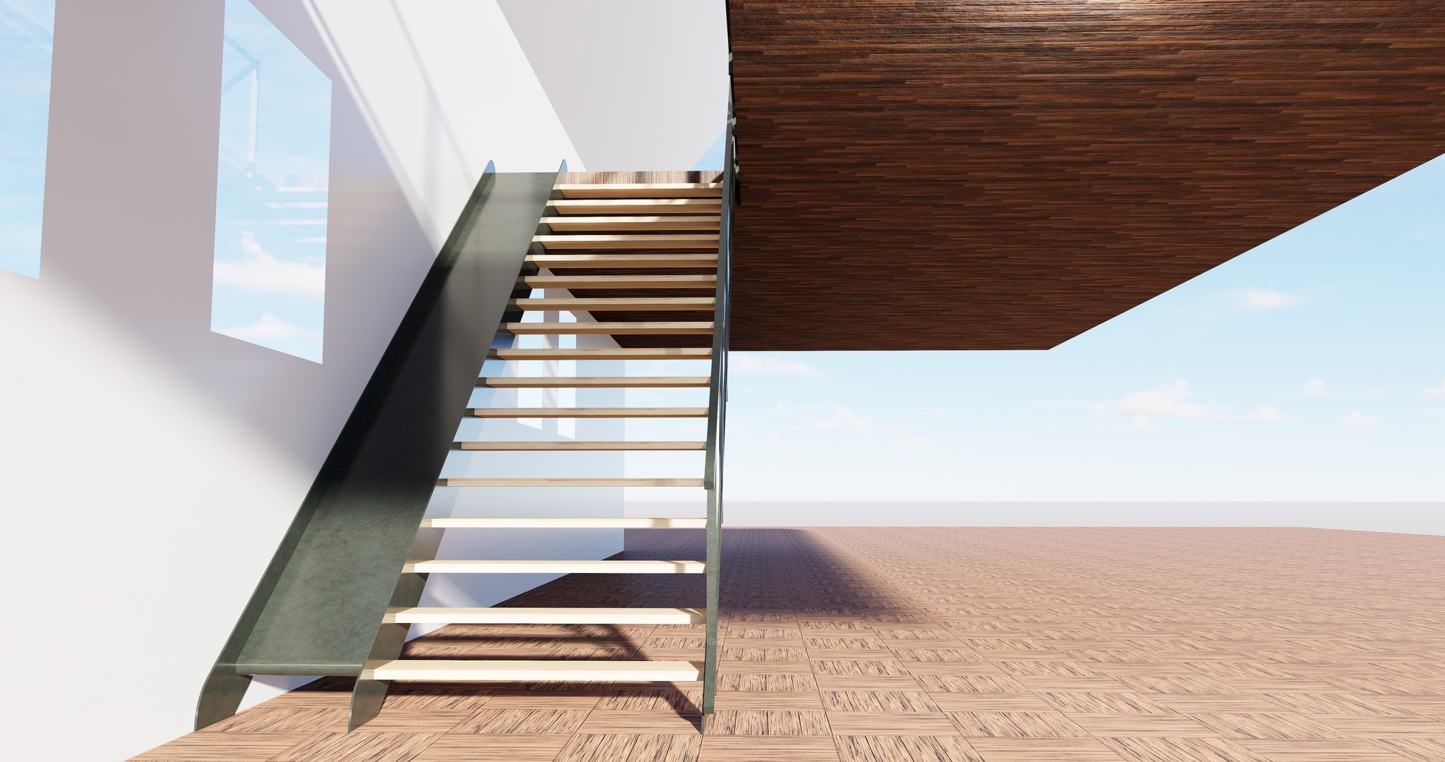 Wizualizacja schodów z drewnianymi stopniami i metalową konstrukcją, prowadzących do drewnianego sufitu w minimalistycznym wnętrzu z widokiem na błękitne niebo przez okno.