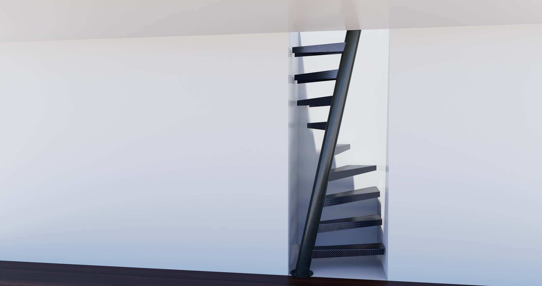 Czarna, metalowa drabina strychowa z perforowanymi stopniami, wkomponowana w białą ścianę, widoczna z dołu, na tle ciemnej drewnianej podłogi.