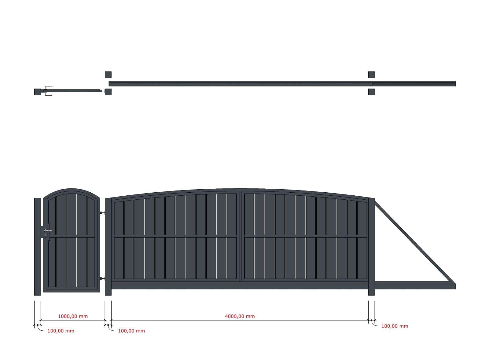 Techniczny rysunek projektowy metalowej bramy przesuwnej z furtką, zawierający wymiary 1000mm i 4000mm.