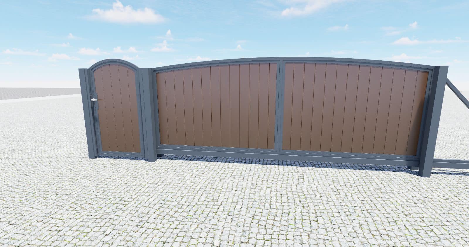 Wizualizacja 3D nowoczesnej, przesuwnej bramy z furtką, z brązowymi panelami i szarą ramą, na brukowanym podłożu.