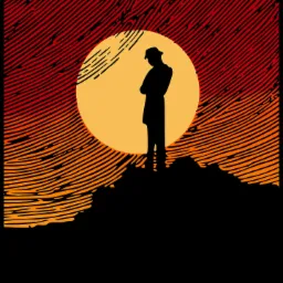 Stylizowana sylwetka mężczyzny w kapeluszu, stojącego na szczycie wzniesienia na tle pomarańczowo-czerwonego nieba z charakterystycznymi liniami.
