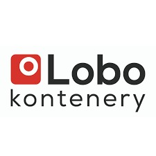 Logo firmy Lobo kontenery z czerwonym kwadratem z białym okręgiem w lewym górnym rogu.