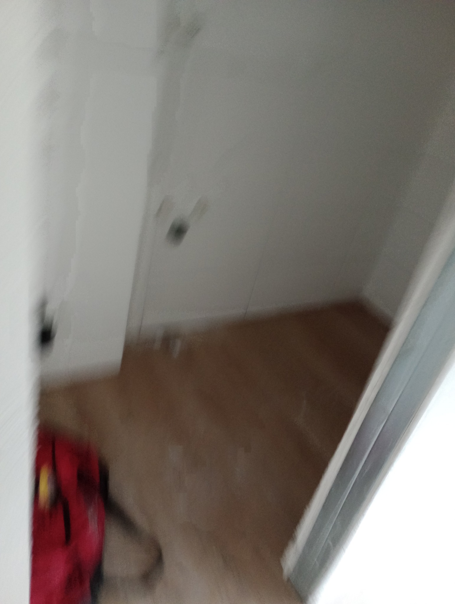 Wnętrze w trakcie prac wykończeniowych: widoczne drewniane panele podłogowe i fragment ściany z instalacją. Czerwona torba narzędziowa w rogu kadru.