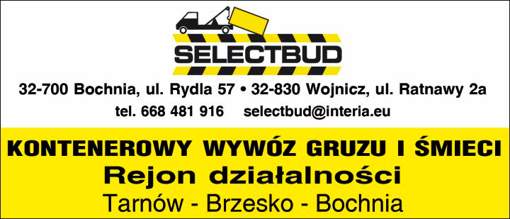 Żółto-czarne logo firmy Selectbud z grafiką samochodu ciężarowego z kontenerem, adresami oddziałów w Bochni i Wojniczu, numerem telefonu i adresem e-mail, oraz informacją o kontenerowym wywozie...