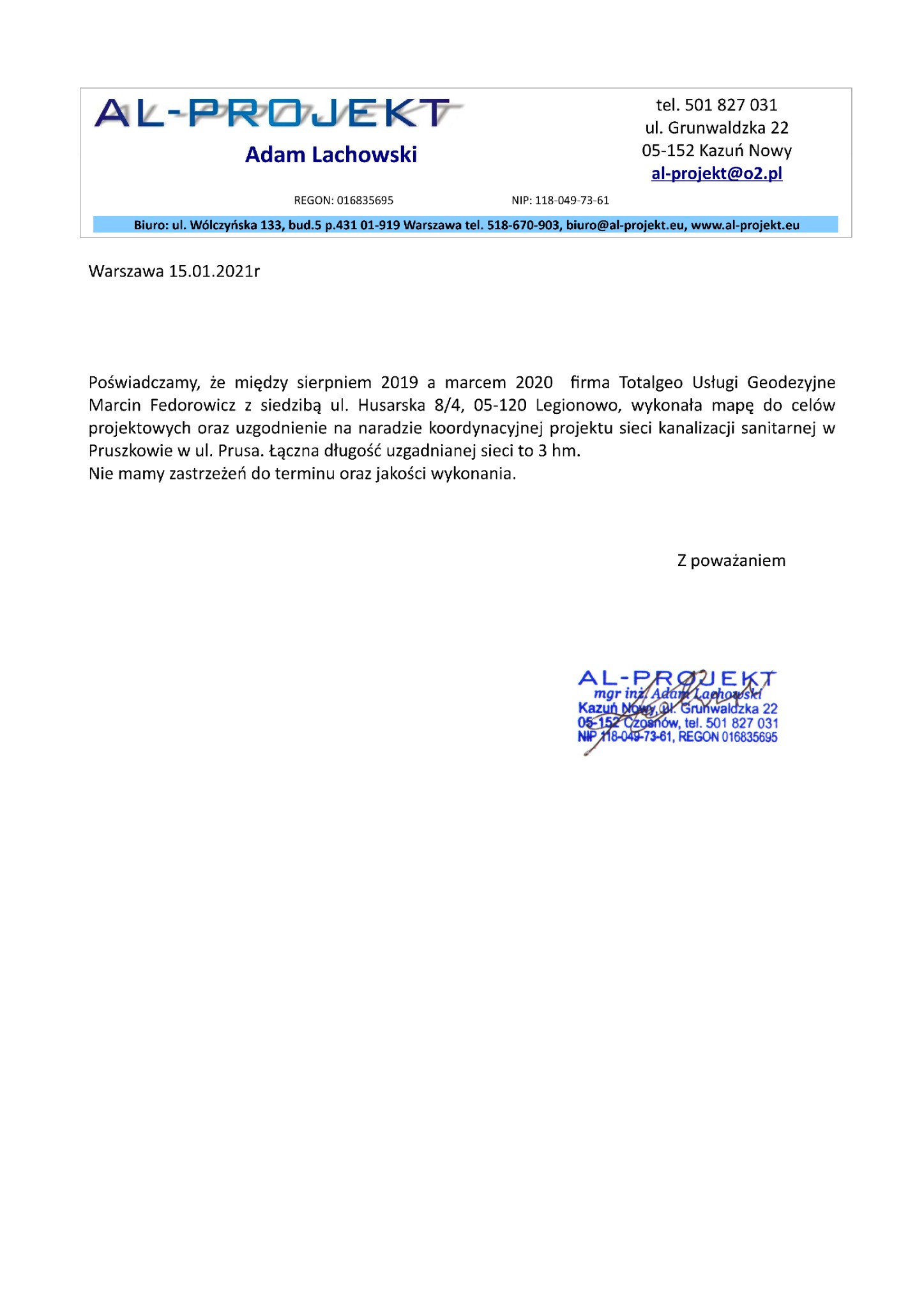 Skan referencji firmy AL-PROJEKT, potwierdzających wykonanie mapy do celów projektowych i uzgodnienie projektu sieci kanalizacji sanitarnej przez Totalgeo Usługi Geodezyjne.