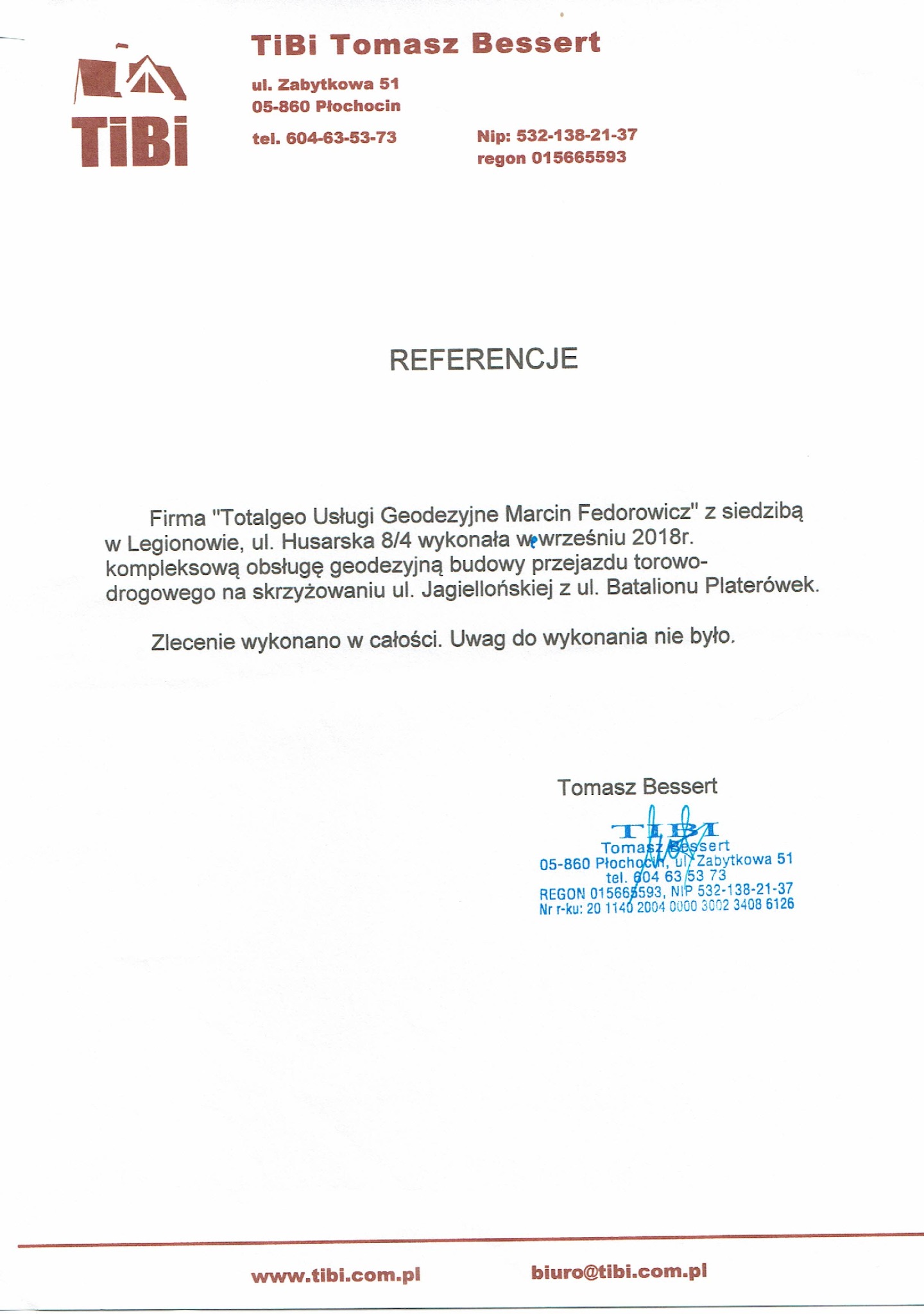 Skan dokumentu referencyjnego firmy TiBi Tomasz Bessert dla Totalgeo Usługi Geodezyjne, potwierdzający kompleksową obsługę geodezyjną budowy przejazdu torowo-drogowego.